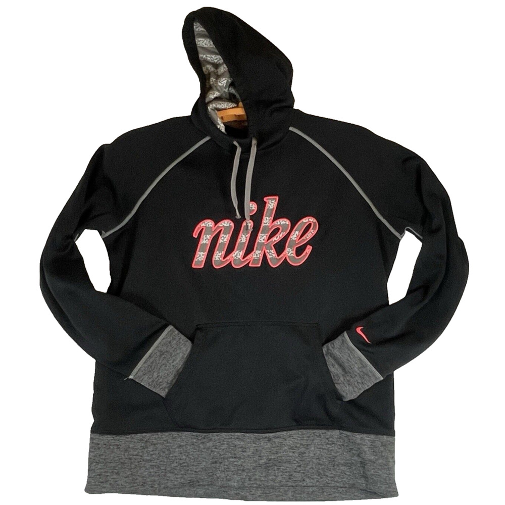 Nike Therma-Fit Womens Black Hoodie Fleece Sweatshirt Size XL Pink Spellout